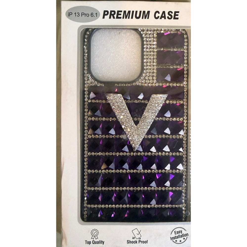 iPhone 13 Pro 6.1 Premium Case Purple Gem Rhinestone Crystal V Logo Shockproof